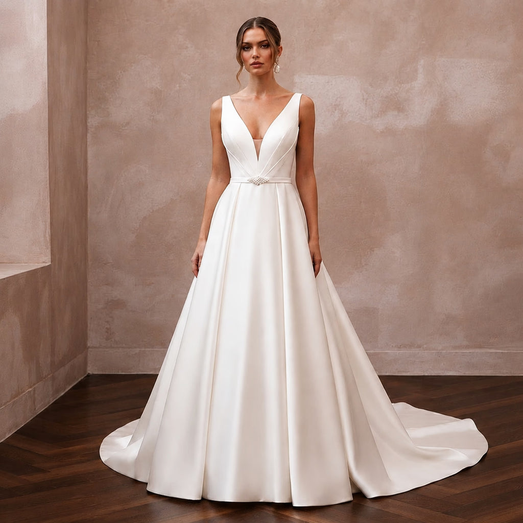 Minimalist Satin Ball Gown Wedding Dress with V - Neck - Apparel & Accessories > Clothing > Wedding & Bridal Party Dresses > Wedding Dresses - Mignonette Bridal