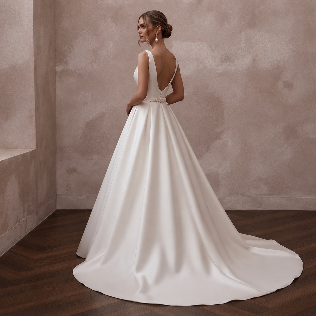 Minimalist Satin Ball Gown Wedding Dress with V - Neck - Apparel & Accessories > Clothing > Wedding & Bridal Party Dresses > Wedding Dresses - Mignonette Bridal