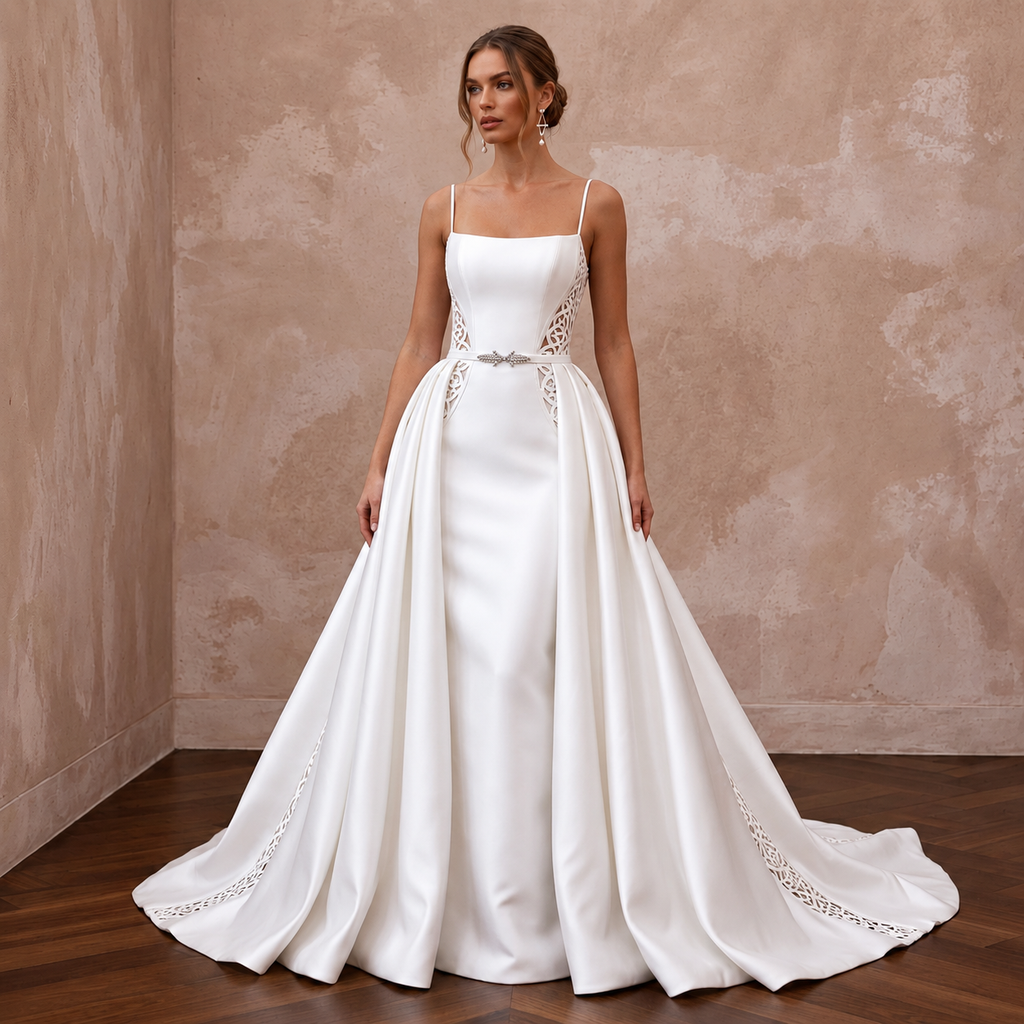 Minimalist Satin Bridal Dress with Detachable Skirt