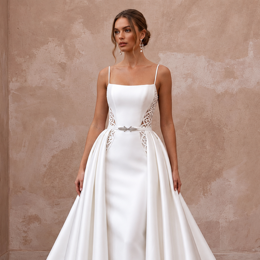 Minimalist Satin Bridal Dress with Detachable Skirt