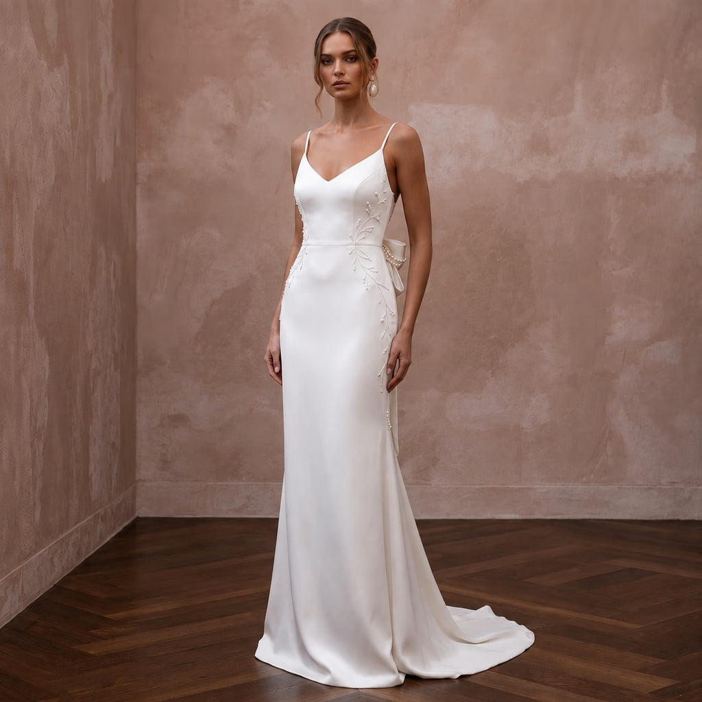 Minimalist Satin Sheath Wedding Dress with Spaghetti Straps - Apparel & Accessories > Clothing > Wedding & Bridal Party Dresses > Wedding Dresses - Mignonette Bridal