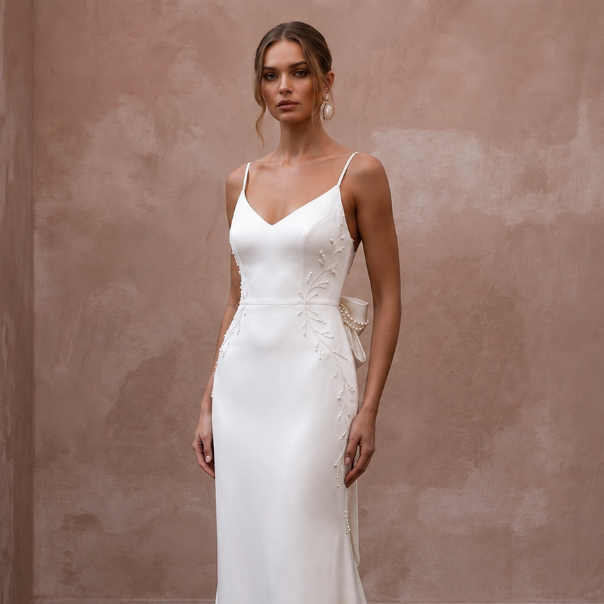 Minimalist Satin Sheath Wedding Dress with Spaghetti Straps - Apparel & Accessories > Clothing > Wedding & Bridal Party Dresses > Wedding Dresses - Mignonette Bridal