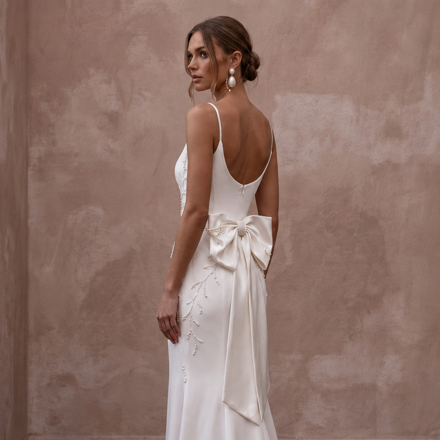 Minimalist Satin Sheath Wedding Dress with Spaghetti Straps - Apparel & Accessories > Clothing > Wedding & Bridal Party Dresses > Wedding Dresses - Mignonette Bridal