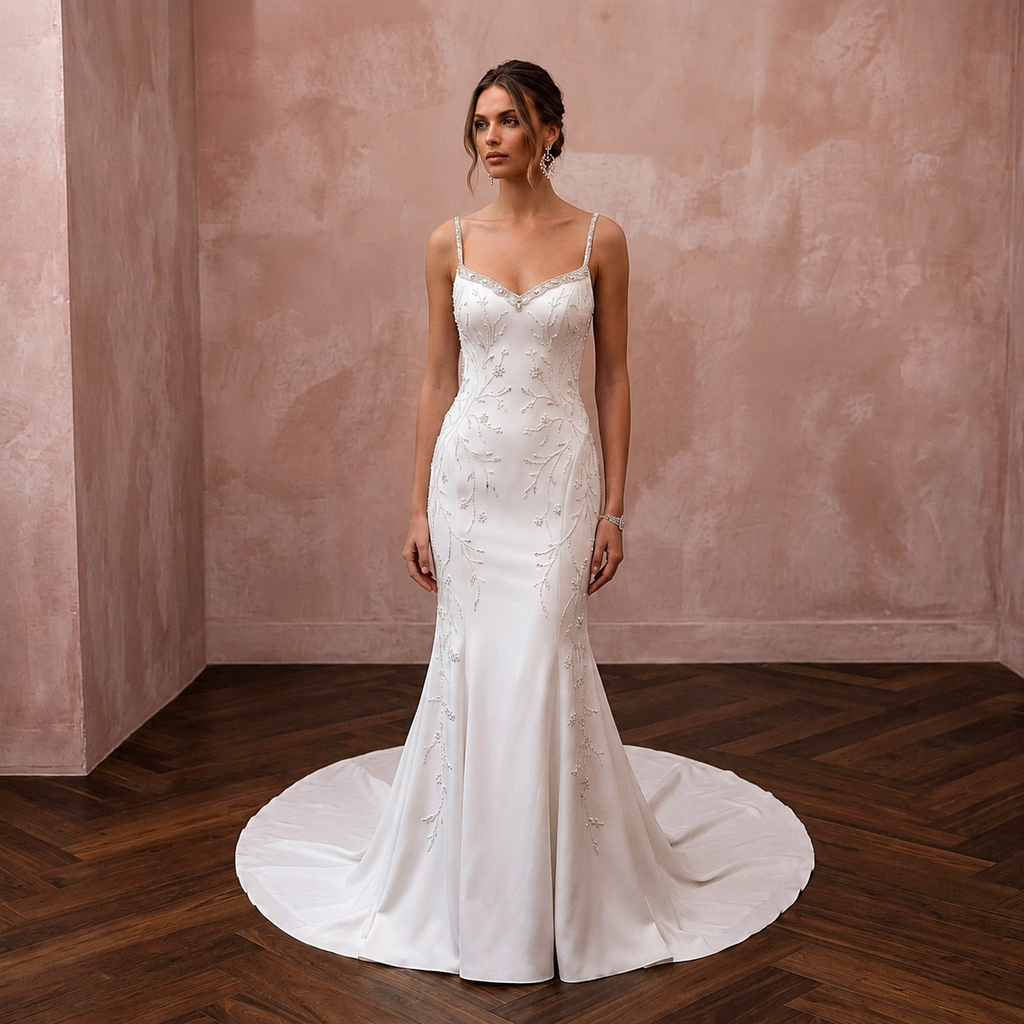 Minimalist Satin Trumpet Wedding Dress with Spaghetti Straps - Apparel & Accessories > Clothing > Wedding & Bridal Party Dresses > Wedding Dresses - Mignonette Bridal