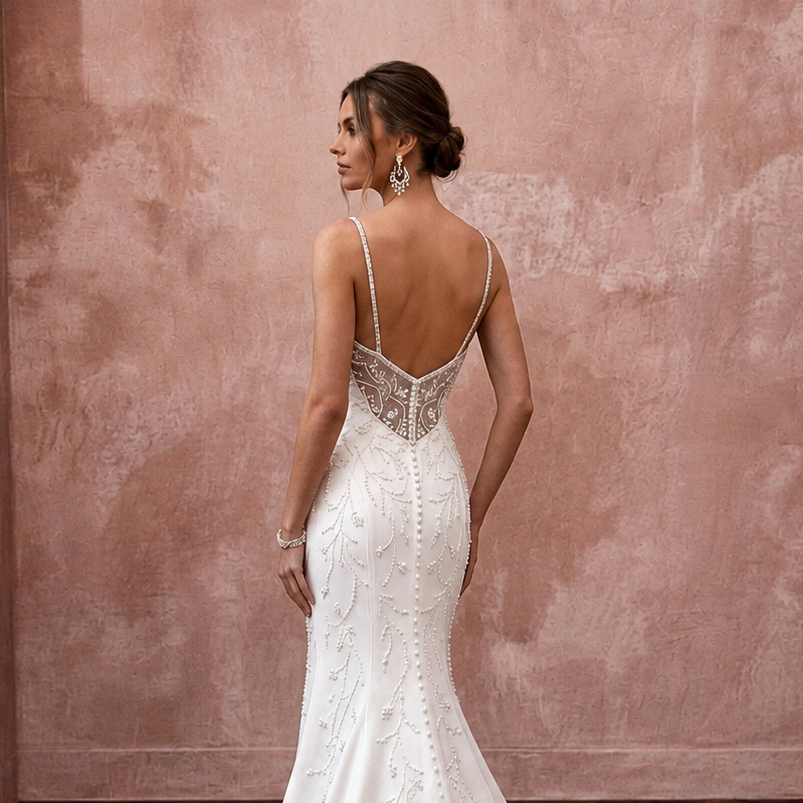 Minimalist Satin Trumpet Wedding Dress with Spaghetti Straps - Apparel & Accessories > Clothing > Wedding & Bridal Party Dresses > Wedding Dresses - Mignonette Bridal