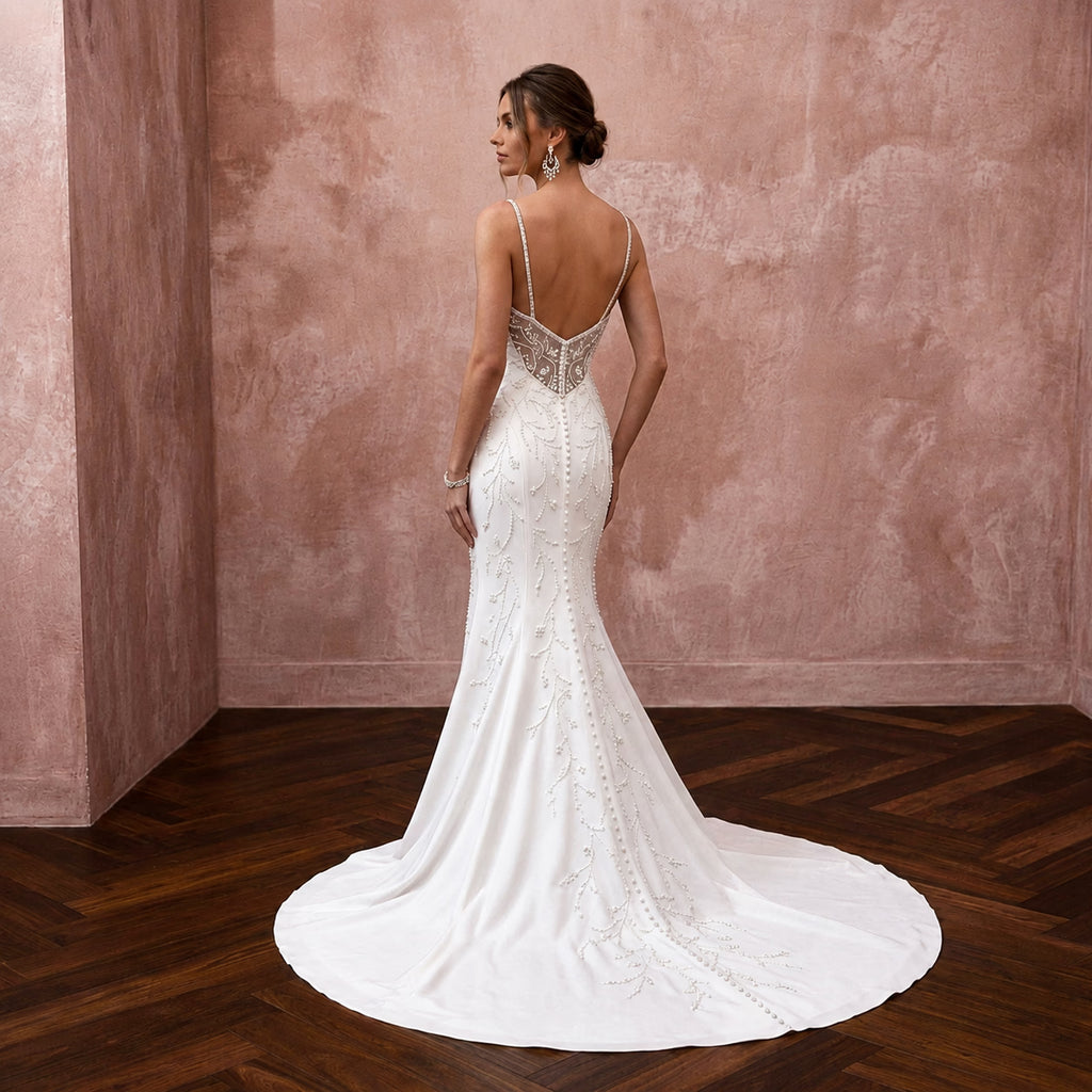 Minimalist Satin Trumpet Wedding Dress with Spaghetti Straps - Apparel & Accessories > Clothing > Wedding & Bridal Party Dresses > Wedding Dresses - Mignonette Bridal