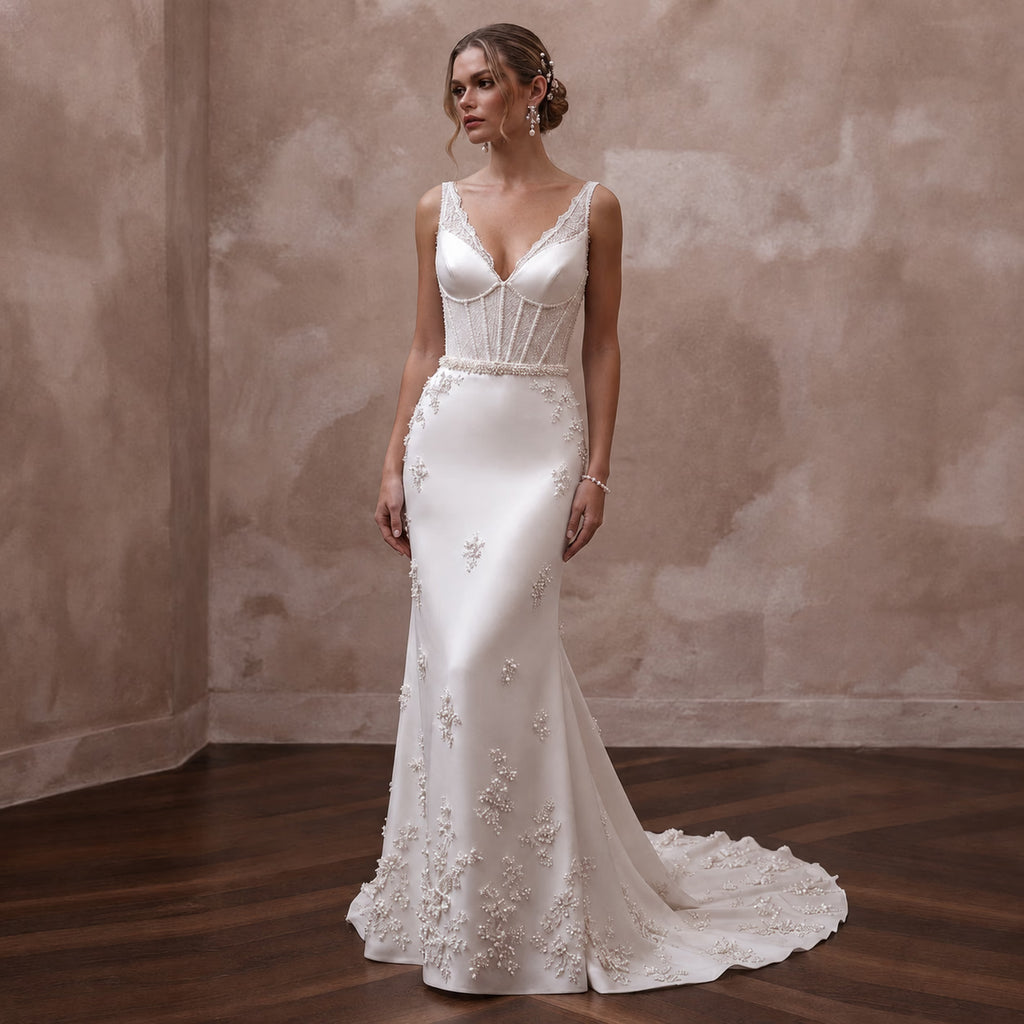 White satin sheath wedding dress with V-neck bodice, floral beading, and long train