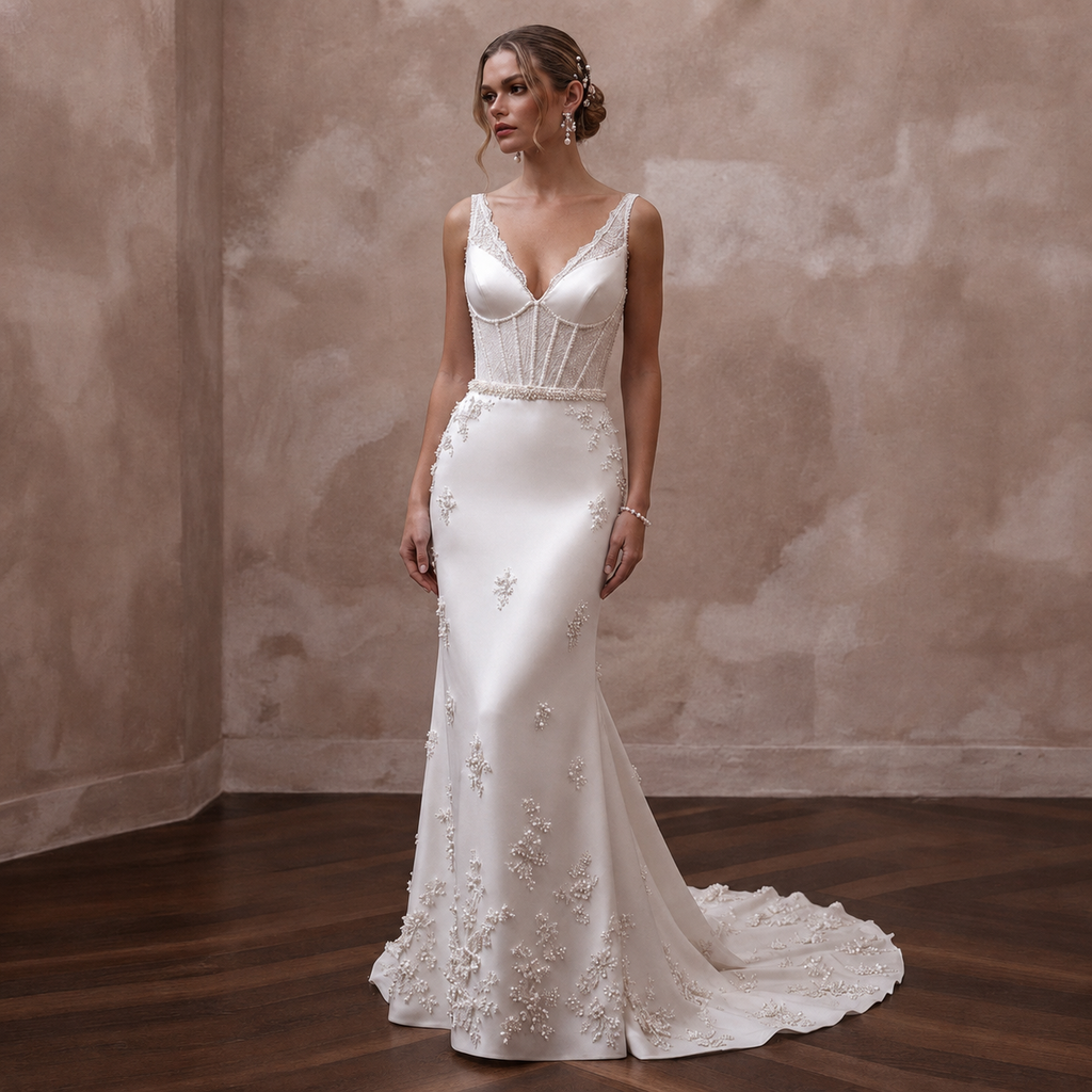 White satin sheath wedding dress with V-neck bodice, floral beading, and long train