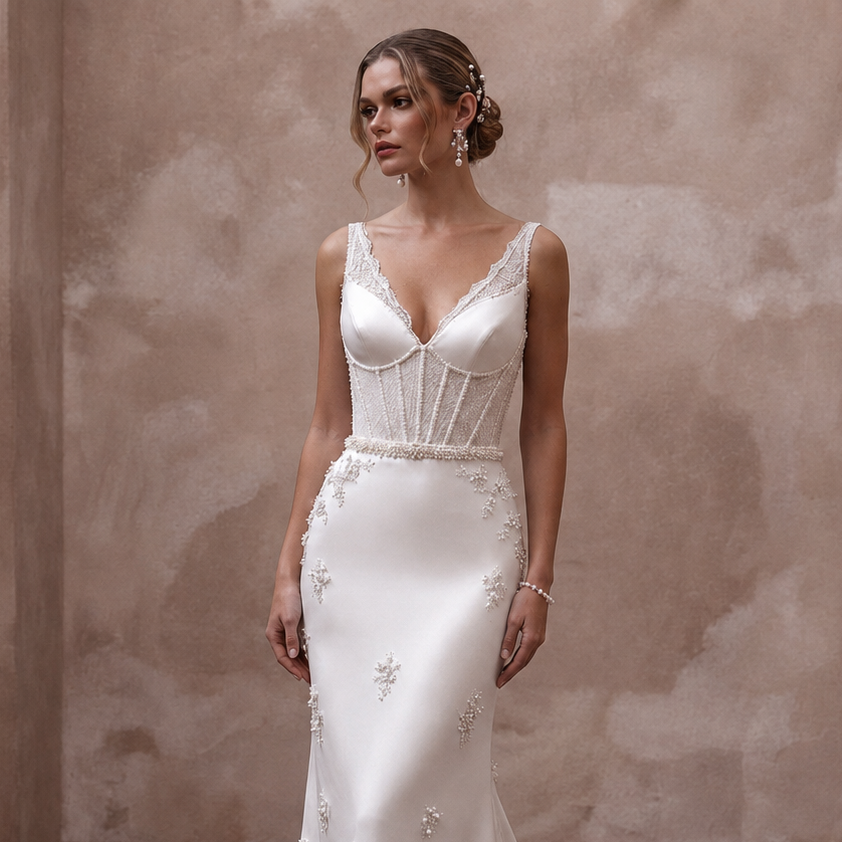 Satin V-neck sheath wedding dress with lace bodice and embellished skirt