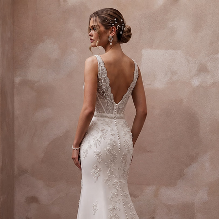White satin sheath wedding dress with V-back straps and sparkling floral beading