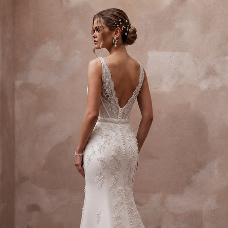White satin sheath wedding dress with V-back straps and sparkling floral beading