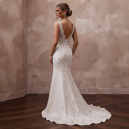 Sheath wedding dress with V-back, lace straps, and long train