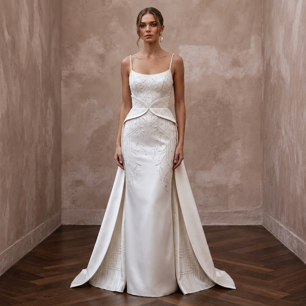 Minimalist Satin Wedding Dress with Spaghetti Straps and Sheath Silhouette