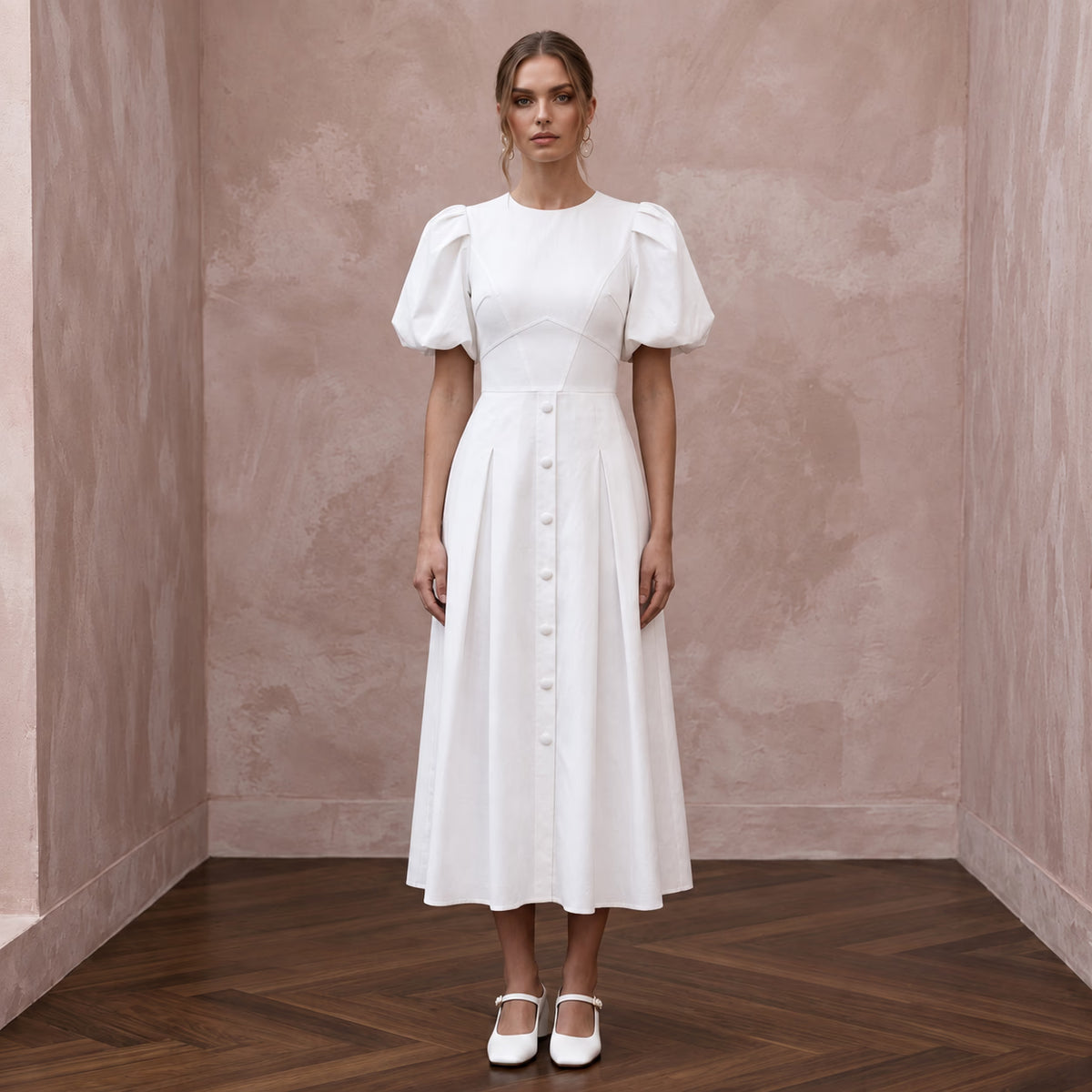 Minimalist Soft White Cotton Poplin Puff Sleeve Midi Elopement Dress