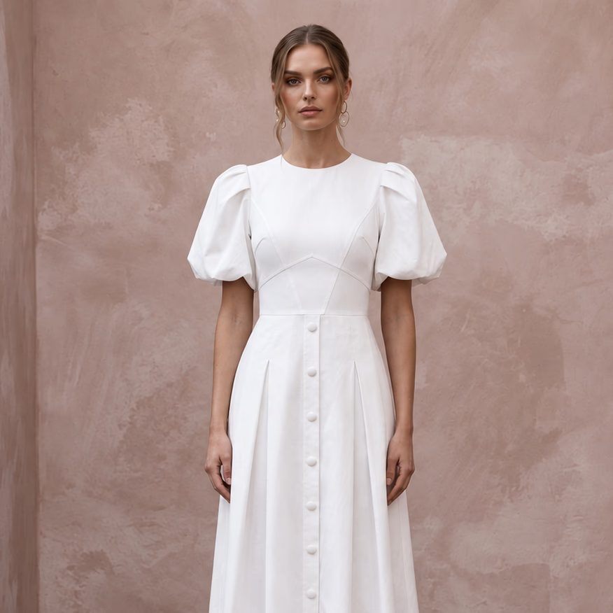 Minimalist Soft White Cotton Poplin Puff Sleeve Midi Elopement Dress