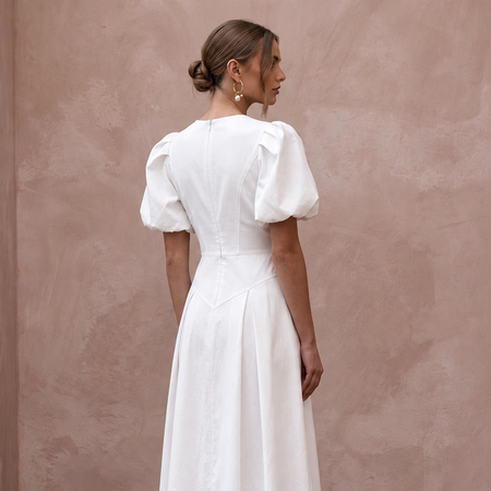 Minimalist Soft White Cotton Poplin Puff Sleeve Midi Elopement Dress