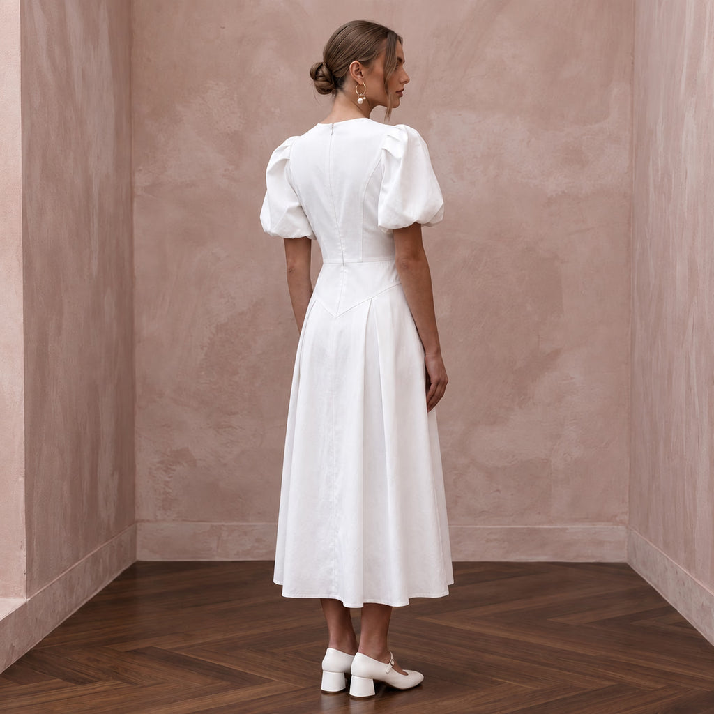 Minimalist Soft White Cotton Poplin Puff Sleeve Midi Elopement Dress