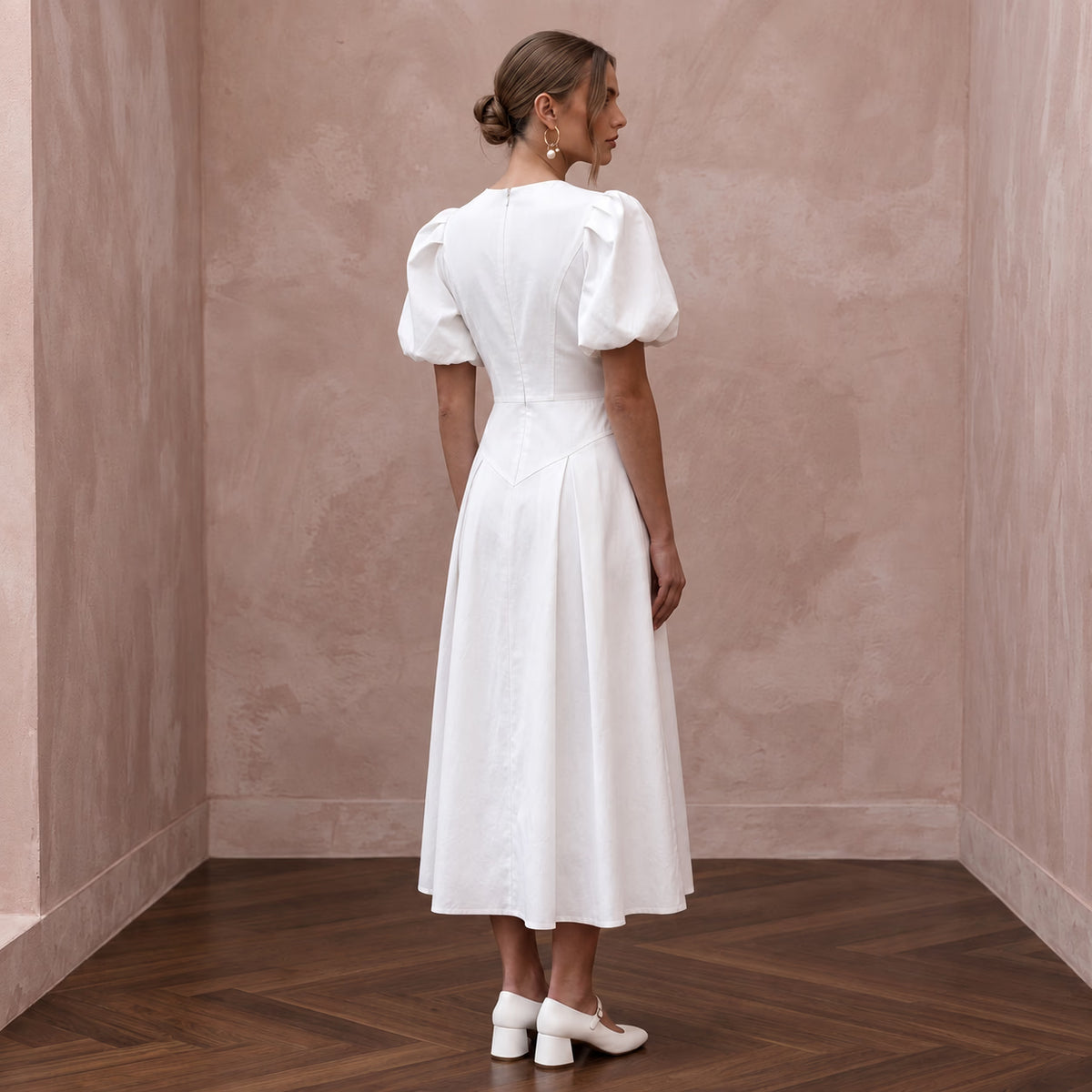 Minimalist Soft White Cotton Poplin Puff Sleeve Midi Elopement Dress