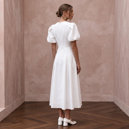 Minimalist Soft White Cotton Poplin Puff Sleeve Midi Elopement Dress