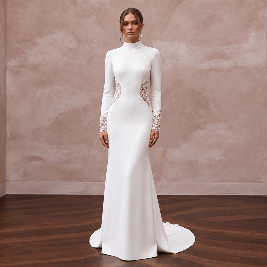 Minimalist Soft White Crepe Mock Neck Long Sleeve Elopement Gown - Apparel & Accessories > Clothing > Wedding & Bridal Party Dresses > Wedding Dresses - Mignonette Bridal