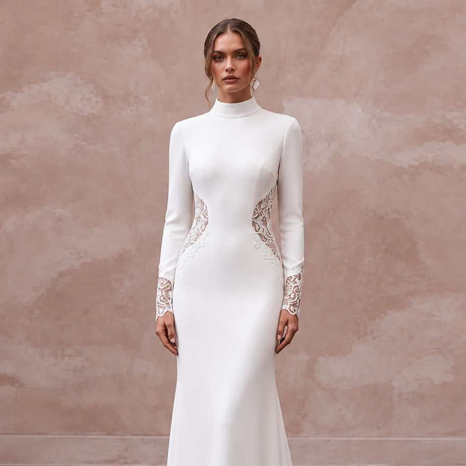 Minimalist Soft White Crepe Mock Neck Long Sleeve Elopement Gown - Apparel & Accessories > Clothing > Wedding & Bridal Party Dresses > Wedding Dresses - Mignonette Bridal