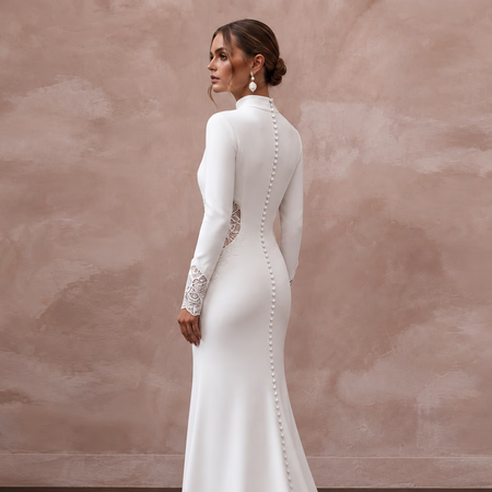Minimalist Soft White Crepe Mock Neck Long Sleeve Elopement Gown - Apparel & Accessories > Clothing > Wedding & Bridal Party Dresses > Wedding Dresses - Mignonette Bridal