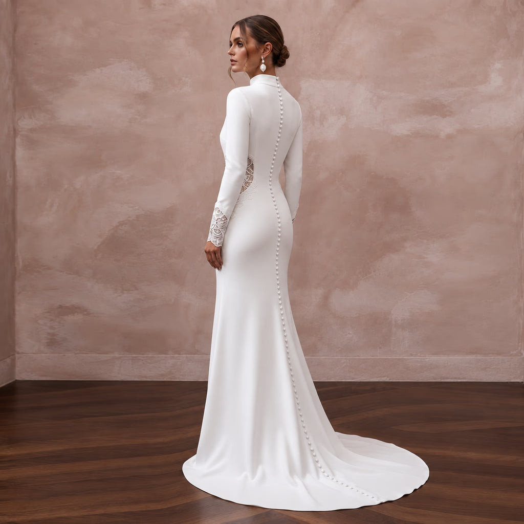 Minimalist Soft White Crepe Mock Neck Long Sleeve Elopement Gown - Apparel & Accessories > Clothing > Wedding & Bridal Party Dresses > Wedding Dresses - Mignonette Bridal
