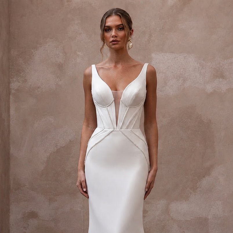 Minimalist Wedding Dresses with Sculpted Crepe Bodices - Apparel & Accessories > Clothing > Wedding & Bridal Party Dresses > Wedding Dresses - Mignonette Bridal