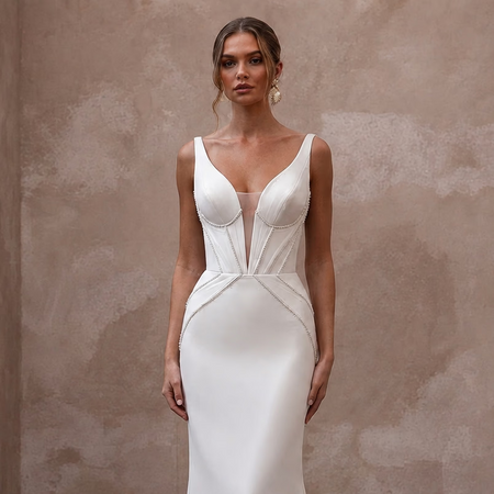 Minimalist Wedding Dresses with Sculpted Crepe Bodices - Apparel & Accessories > Clothing > Wedding & Bridal Party Dresses > Wedding Dresses - Mignonette Bridal