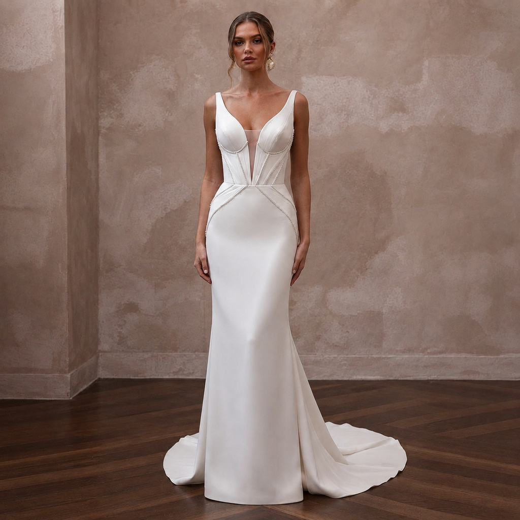 Minimalist Wedding Dresses with Sculpted Crepe Bodices