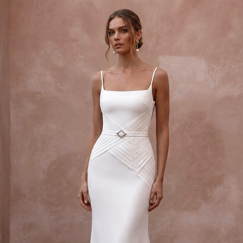 Minimalist Wedding Dresses with Sleek Crepe Construction - Apparel & Accessories > Clothing > Wedding & Bridal Party Dresses > Wedding Dresses - Mignonette Bridal