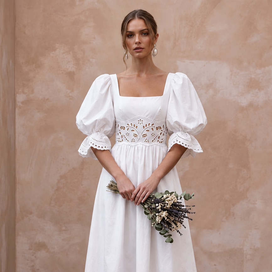 Minimalist White Cotton Poplin Puff Sleeve Midi Dress for Summer Elopement - Apparel & Accessories > Clothing > Wedding & Bridal Party Dresses > Wedding Dresses - Mignonette Bridal