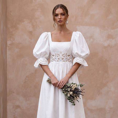 Minimalist White Cotton Poplin Puff Sleeve Midi Dress for Summer Elopement - Apparel & Accessories > Clothing > Wedding & Bridal Party Dresses > Wedding Dresses - Mignonette Bridal