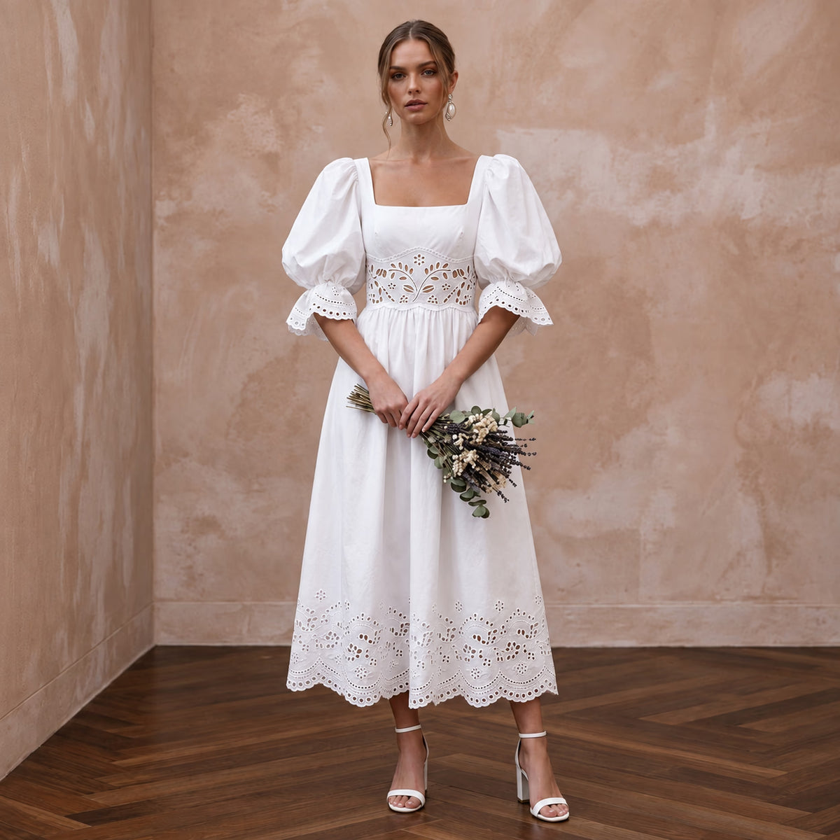 Minimalist White Cotton Poplin Puff Sleeve Midi Dress for Summer Elopement - Apparel & Accessories > Clothing > Wedding & Bridal Party Dresses > Wedding Dresses - Mignonette Bridal