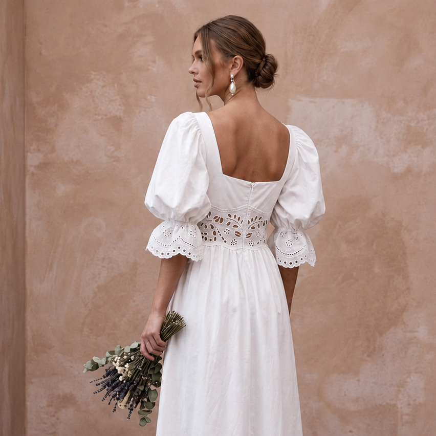Minimalist White Cotton Poplin Puff Sleeve Midi Dress for Summer Elopement - Apparel & Accessories > Clothing > Wedding & Bridal Party Dresses > Wedding Dresses - Mignonette Bridal