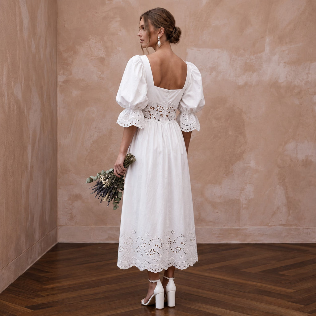 Minimalist White Cotton Poplin Puff Sleeve Midi Dress for Summer Elopement - Apparel & Accessories > Clothing > Wedding & Bridal Party Dresses > Wedding Dresses - Mignonette Bridal
