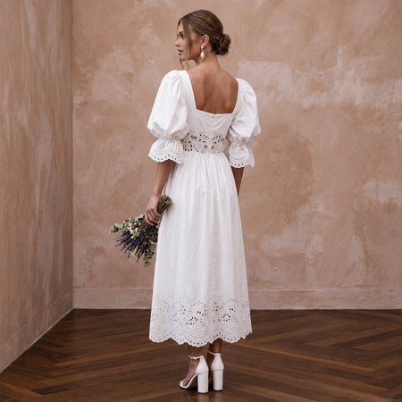 Minimalist White Cotton Poplin Puff Sleeve Midi Dress for Summer Elopement - Apparel & Accessories > Clothing > Wedding & Bridal Party Dresses > Wedding Dresses - Mignonette Bridal