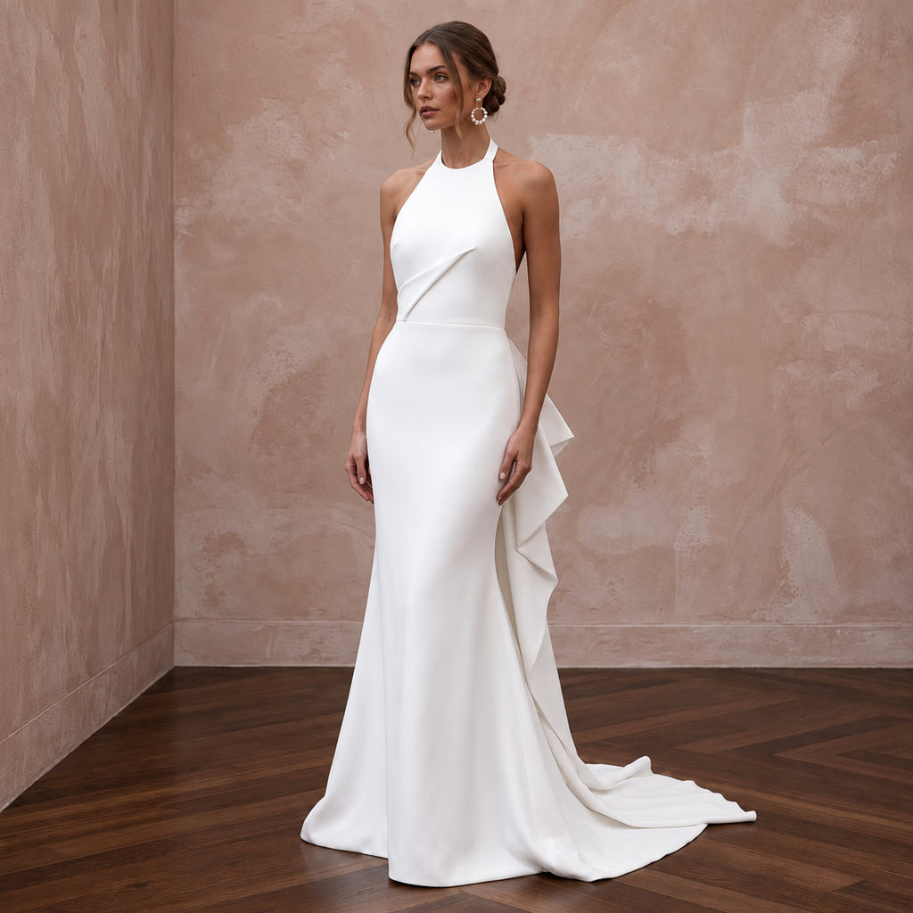 Minimalist White Crepe Halter Mermaid Gown for Modern Civil Ceremony