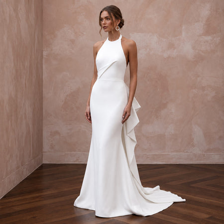 Minimalist White Crepe Halter Mermaid Gown for Modern Civil Ceremony