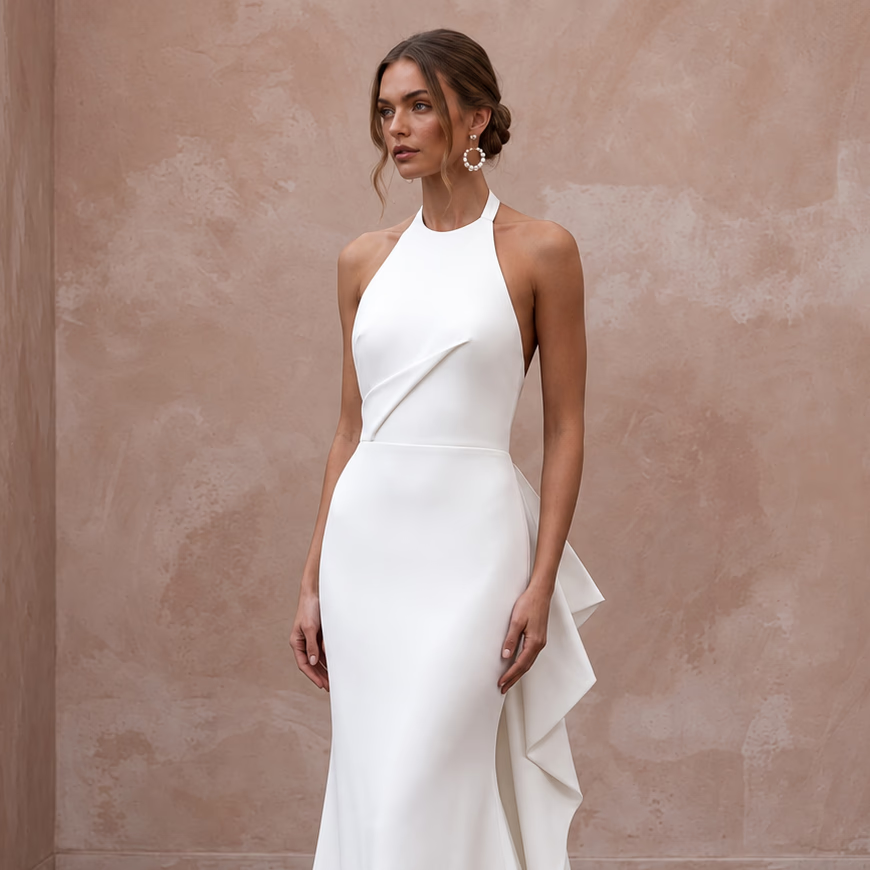 Minimalist White Crepe Halter Mermaid Gown for Modern Civil Ceremony