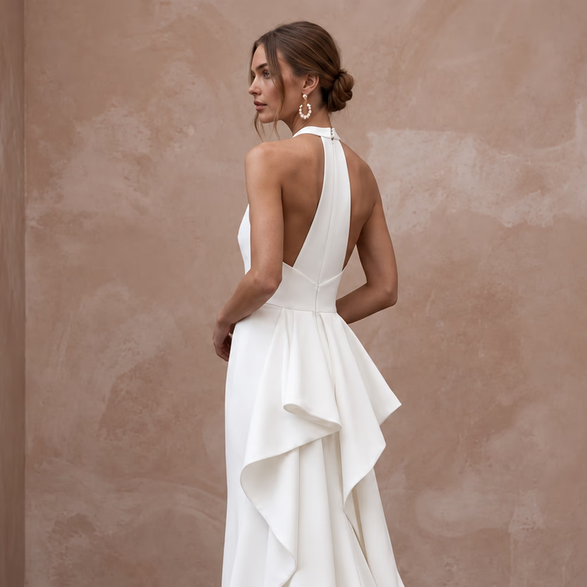 Minimalist White Crepe Halter Mermaid Gown for Modern Civil Ceremony