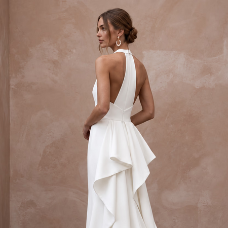 Minimalist White Crepe Halter Mermaid Gown for Modern Civil Ceremony