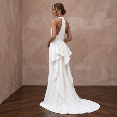 Minimalist White Crepe Halter Mermaid Gown for Modern Civil Ceremony