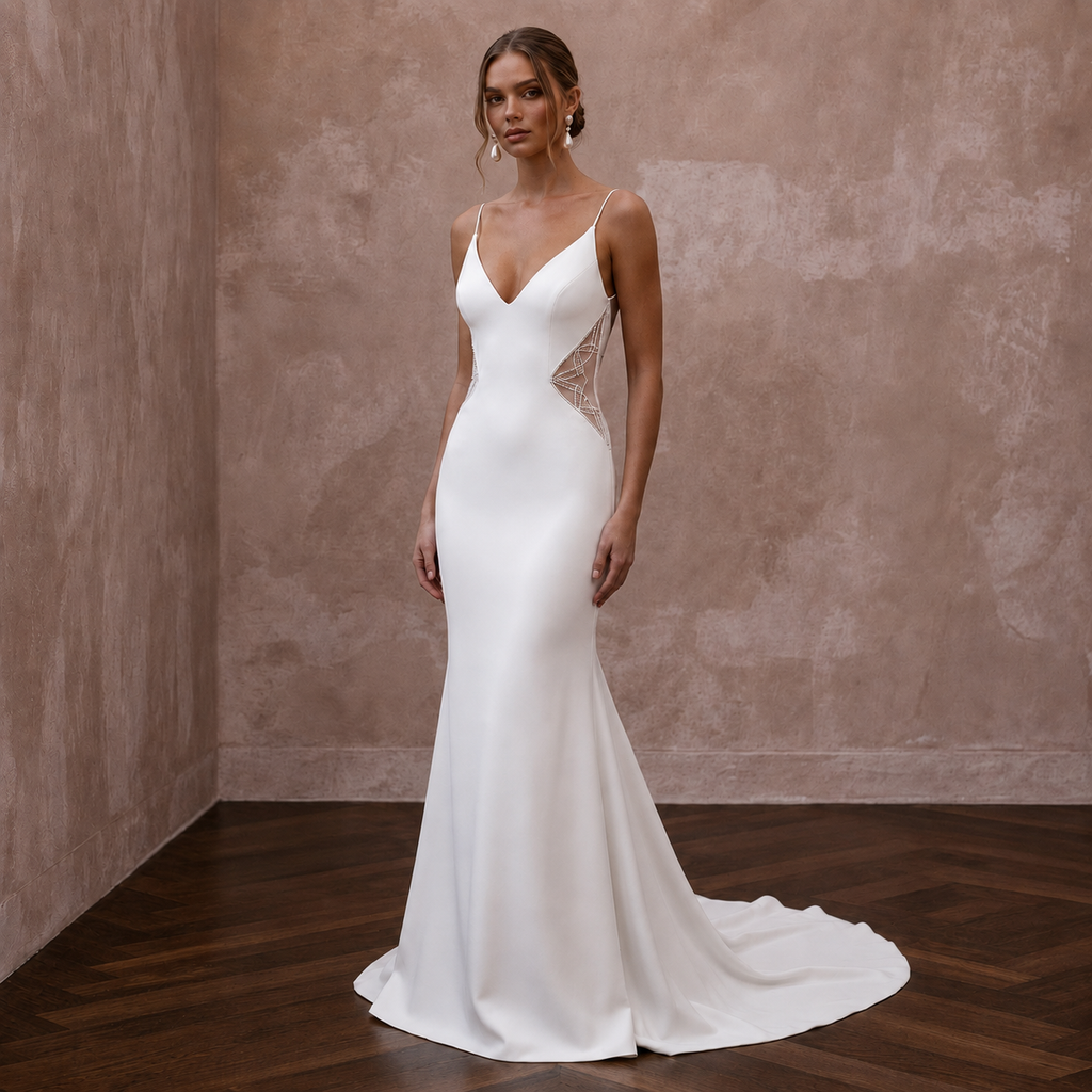 Minimalist White Jersey Mermaid Wedding Dress for Beach Elopement