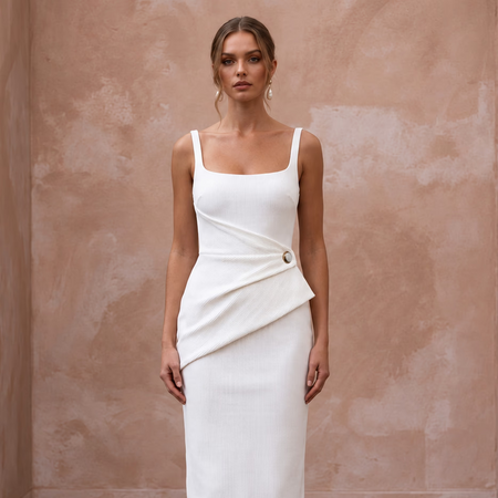 Minimalist White Organic Cotton Ribbed Midi Wedding Dress for City Hall