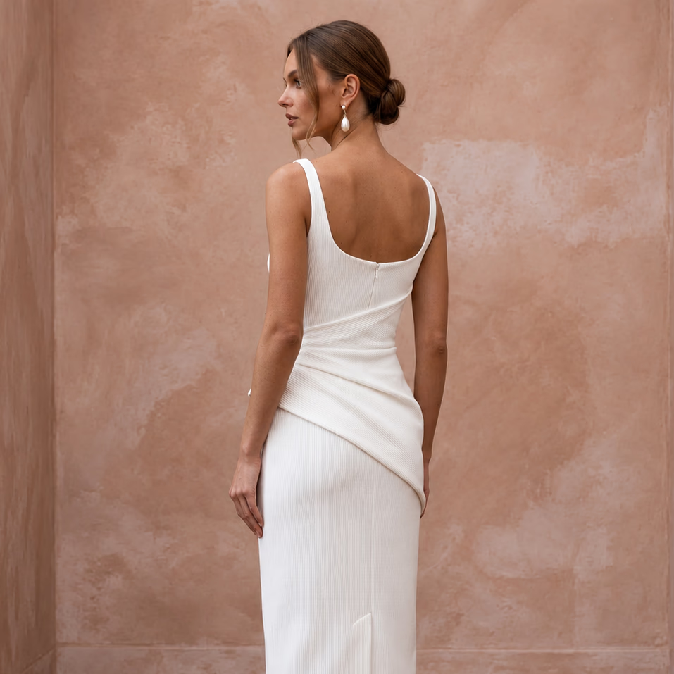 Minimalist White Organic Cotton Ribbed Midi Wedding Dress for City Hall