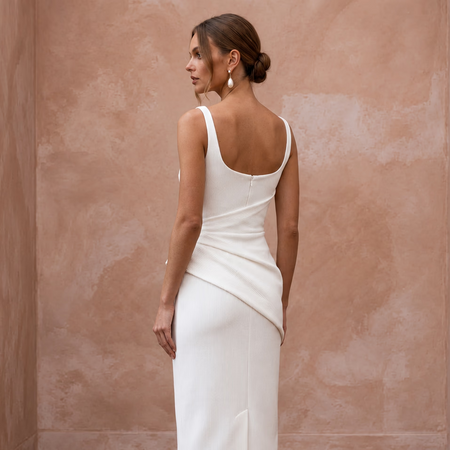 Minimalist White Organic Cotton Ribbed Midi Wedding Dress for City Hall