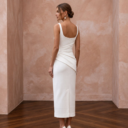 Minimalist White Organic Cotton Ribbed Midi Wedding Dress for City Hall