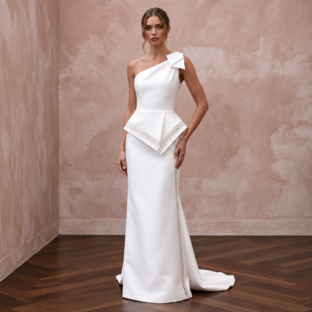 Minimalist White Silk Mikado One-Shoulder Architectural Gown
