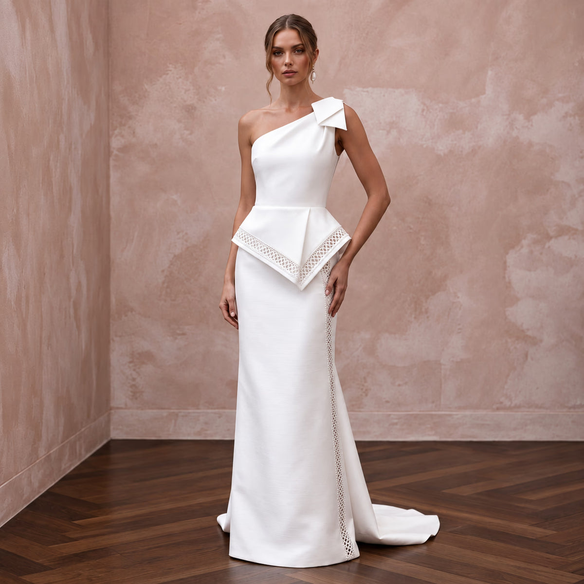 Minimalist White Silk Mikado One-Shoulder Architectural Gown
